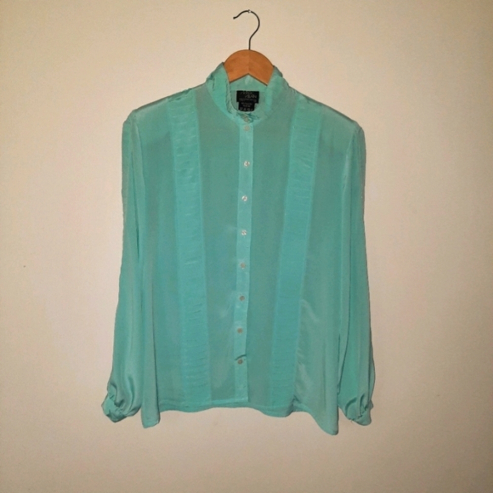Vintage Pleated Mint Green Marc Allan Long Sleeve Flowy Blouse
